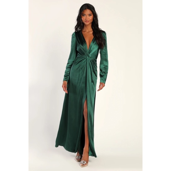 Lulus emerald green satin long sleeve maxi dress - Picture 2 of 3